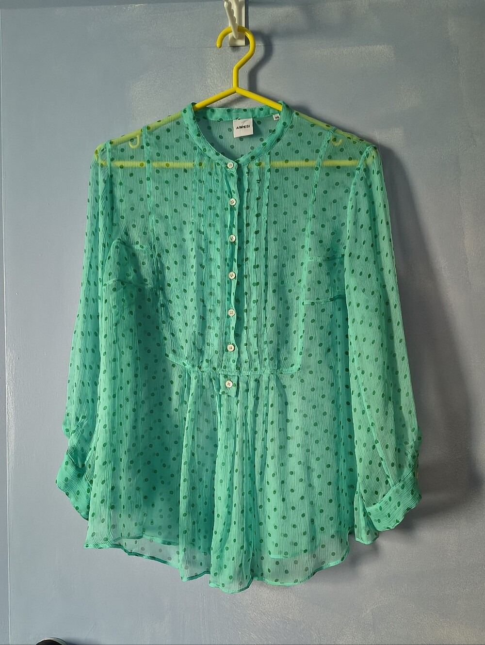 ASPESI Mint Green Silk Chiffon Polka Dots Pin Tuck Blouse 46 L